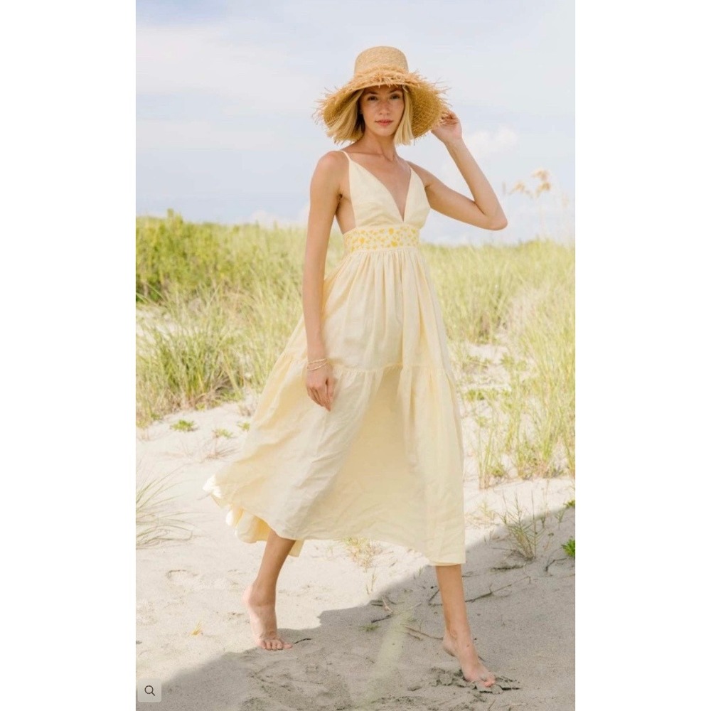 Fanm Mon NWT Ruzgar Light Yellow Embroidered Cotton Maxi Dress XS